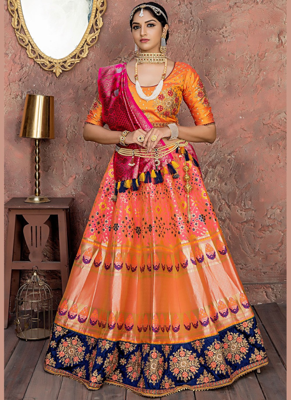 Embroidered Orange and Pink Designer Lehenga Choli