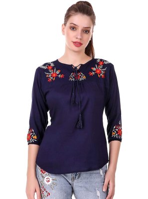 Embroidered Rayon Casual Kurti in Blue
