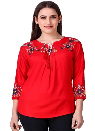 Embroidered Rayon Red Casual Kurti