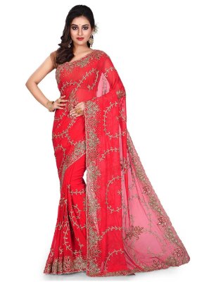 Embroidered Red Georgette Designer Traditional Saree