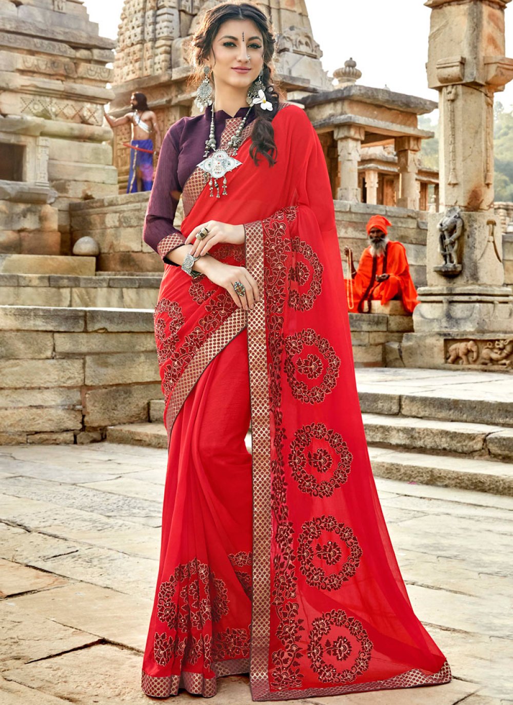 Embroidered Red Georgette Traditional Saree