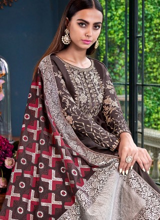 Embroidered Satin Silk Brown Palazzo Designer Salwar Suit