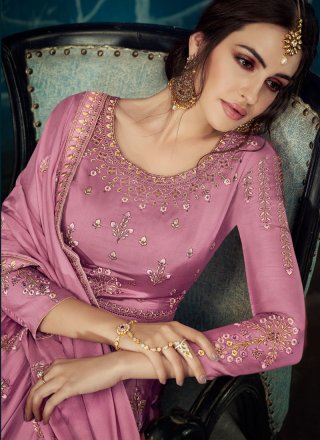 Embroidered Satin Silk Trendy Anarkali Salwar Suit in Pink