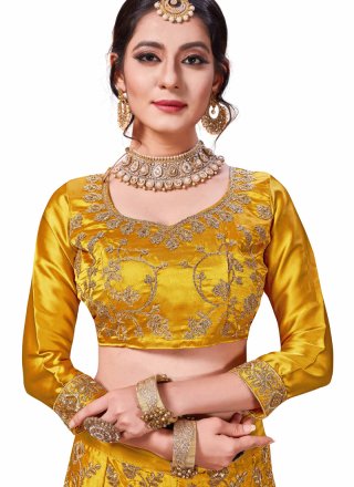Embroidered Satin Silk Trendy Lehenga Choli in Gold and Yellow
