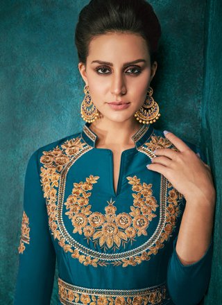 Embroidered Silk Anarkali Salwar Kameez in Blue
