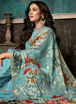 Embroidered Silk Aqua Blue Designer Salwar Suit