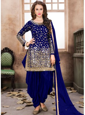 Embroidered Tafeta Silk Blue Trendy Patiala Salwar Kameez