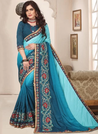 Embroidered Turquoise Trendy Saree