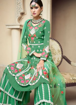 Embroidered Uppada Silk Designer Palazzo Salwar Suit in Green