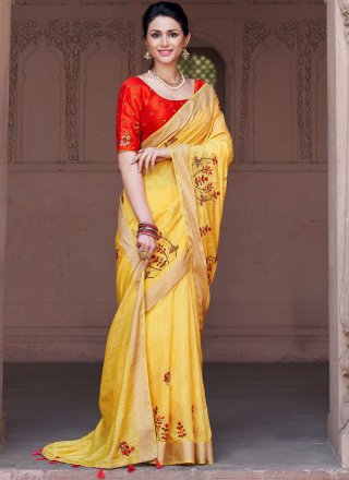 Embroidered Viscose Classic Designer Saree in Yellow