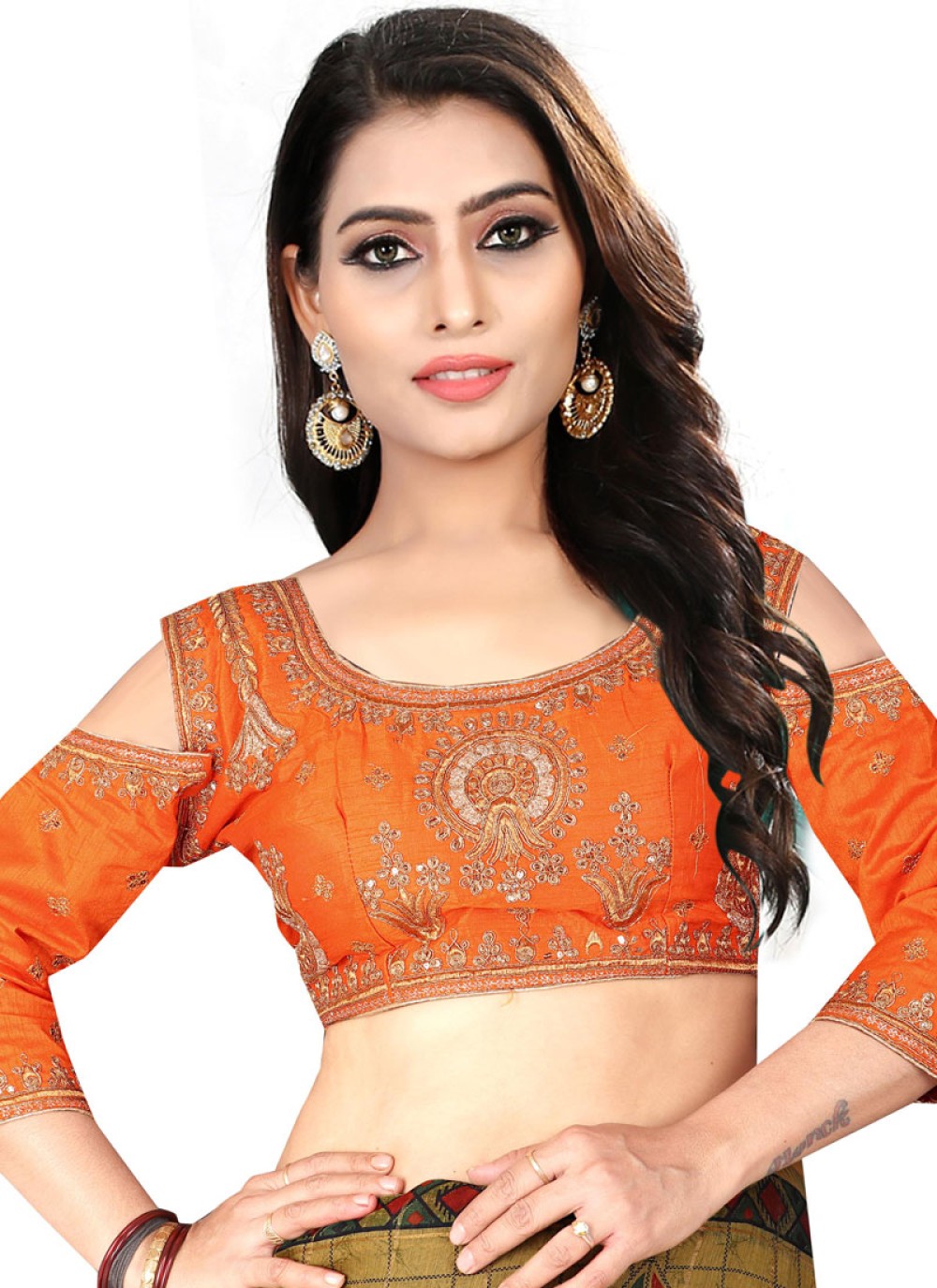 Engaging Orange Color Designer Blouse With Embroidery Work
