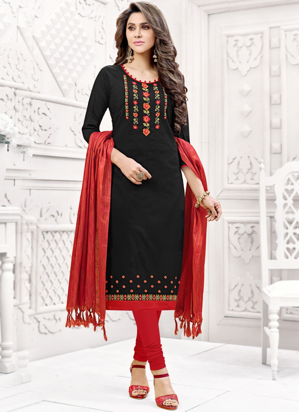 Fancy Fabric Embroidered Black Churidar Suit