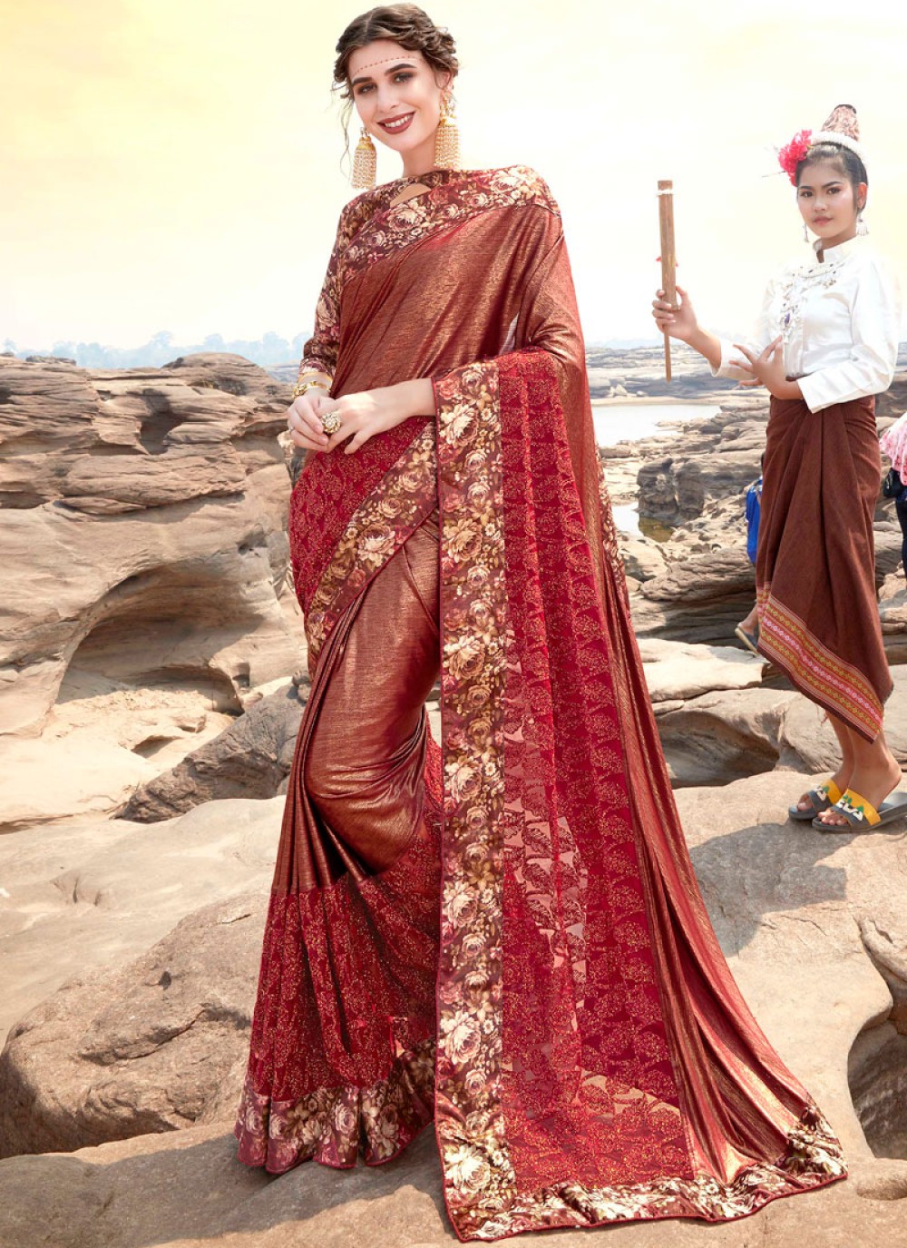 Fancy Fabric Embroidered Maroon Traditional Saree