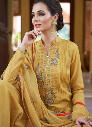 Fancy Fabric Embroidered Yellow Designer Pakistani Suit