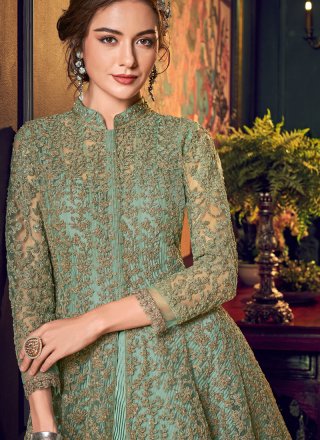 Fancy Fabric Lace Green Floor Length Anarkali Suit