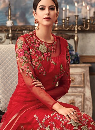 Fancy Fabric Red Floor Length Anarkali Suit