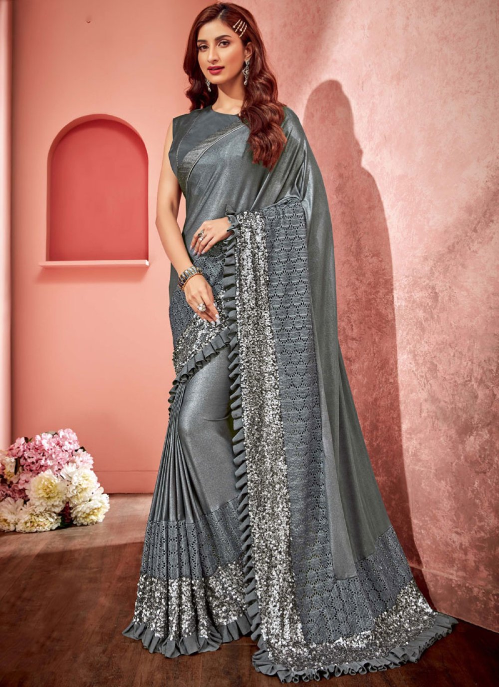 Buy Grey Thread Work Lycra Saree Online