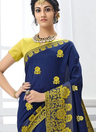 Faux Chiffon Embroidered Designer Saree in Navy Blue