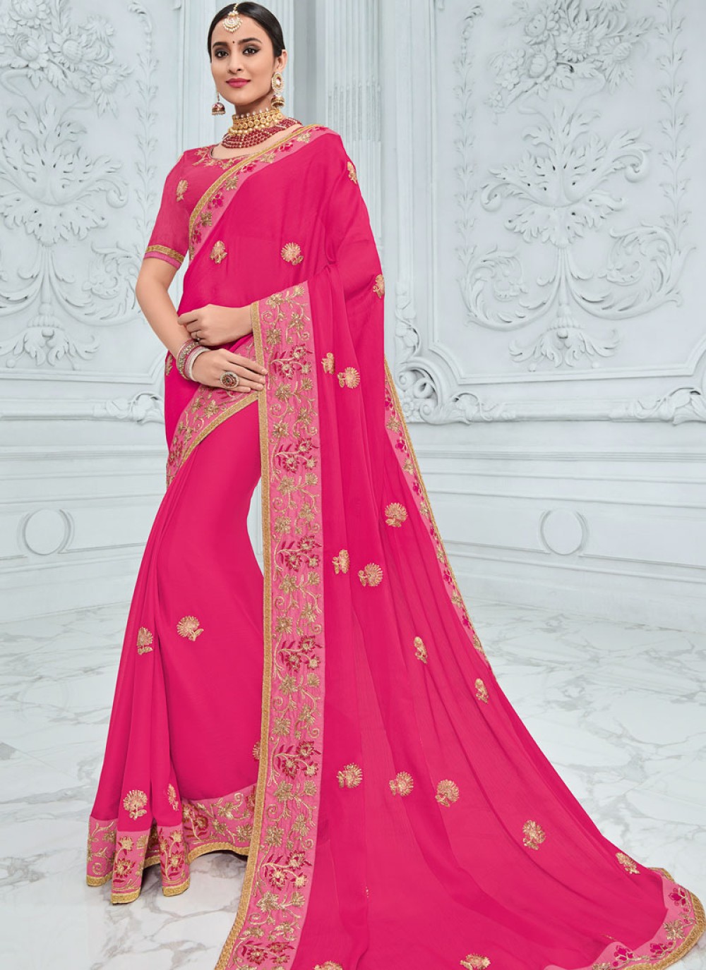 Faux Chiffon Pink Embroidered Trendy Saree
