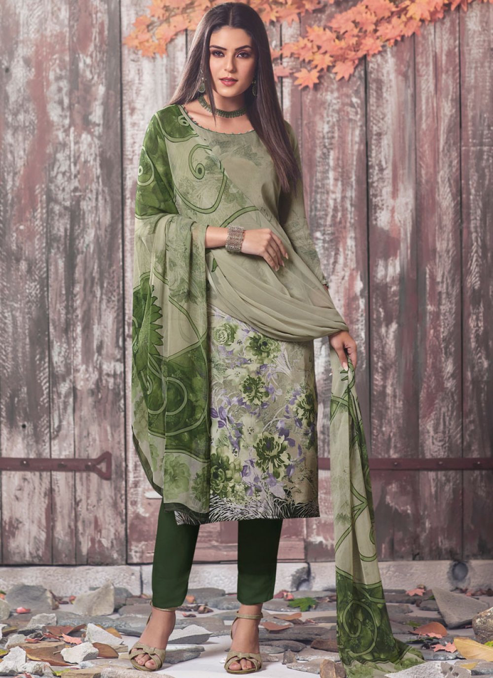Faux Crepe Sea Green Printed Pant Style Suit