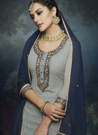 Faux Georgette Blue And Grey Designer Palazzo Suit