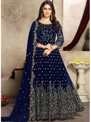 Faux Georgette Blue Embroidered Trendy Anarkali Salwar Suit