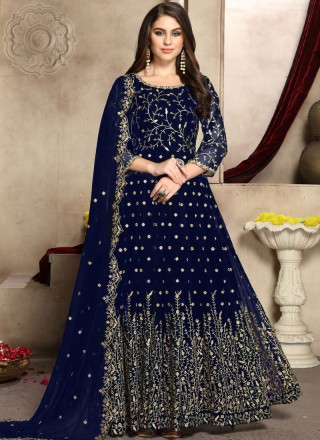 Faux Georgette Blue Embroidered Trendy Anarkali Salwar Suit