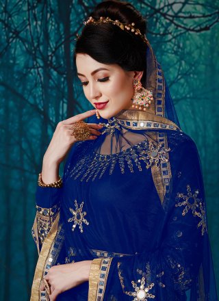 Faux Georgette Blue Embroidered Trendy Anarkali Suit