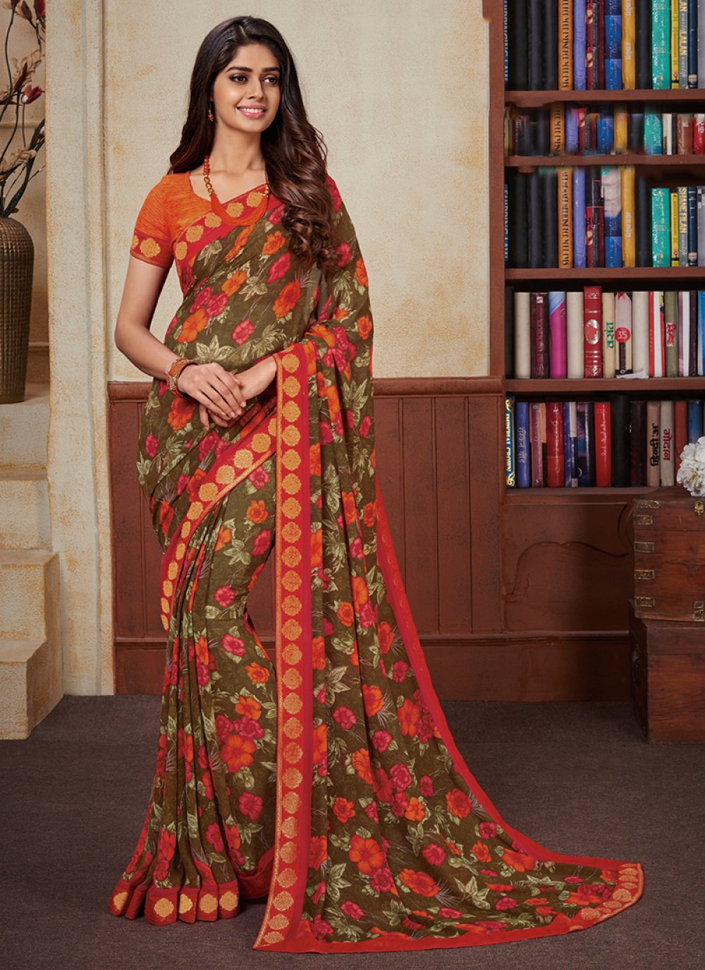 Printed Saree Abstract Print Faux Georgette In Multi Colour, Online  Limeroad Dresses
