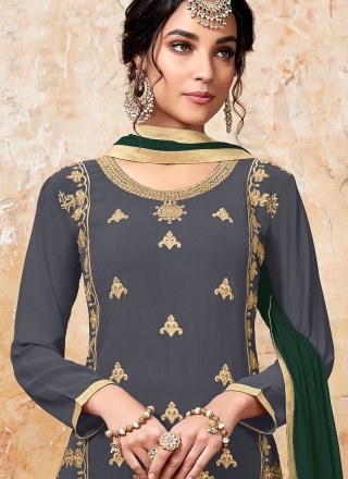 Faux Georgette Designer Palazzo Suit in Green and Grey