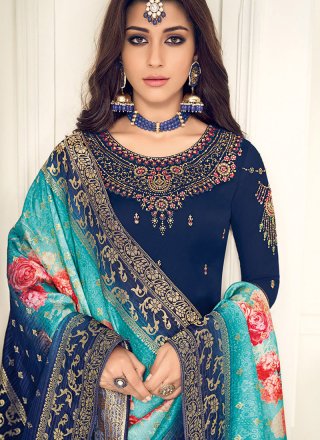 Faux Georgette Embroidered Blue Designer Straight Suit