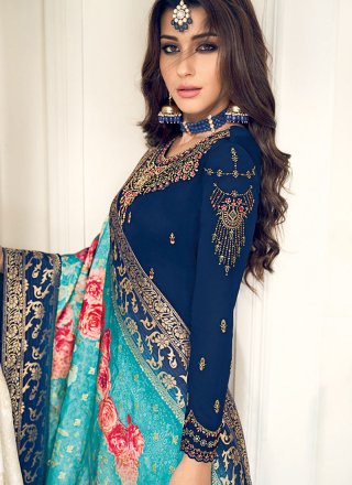 Faux Georgette Embroidered Blue Designer Straight Suit