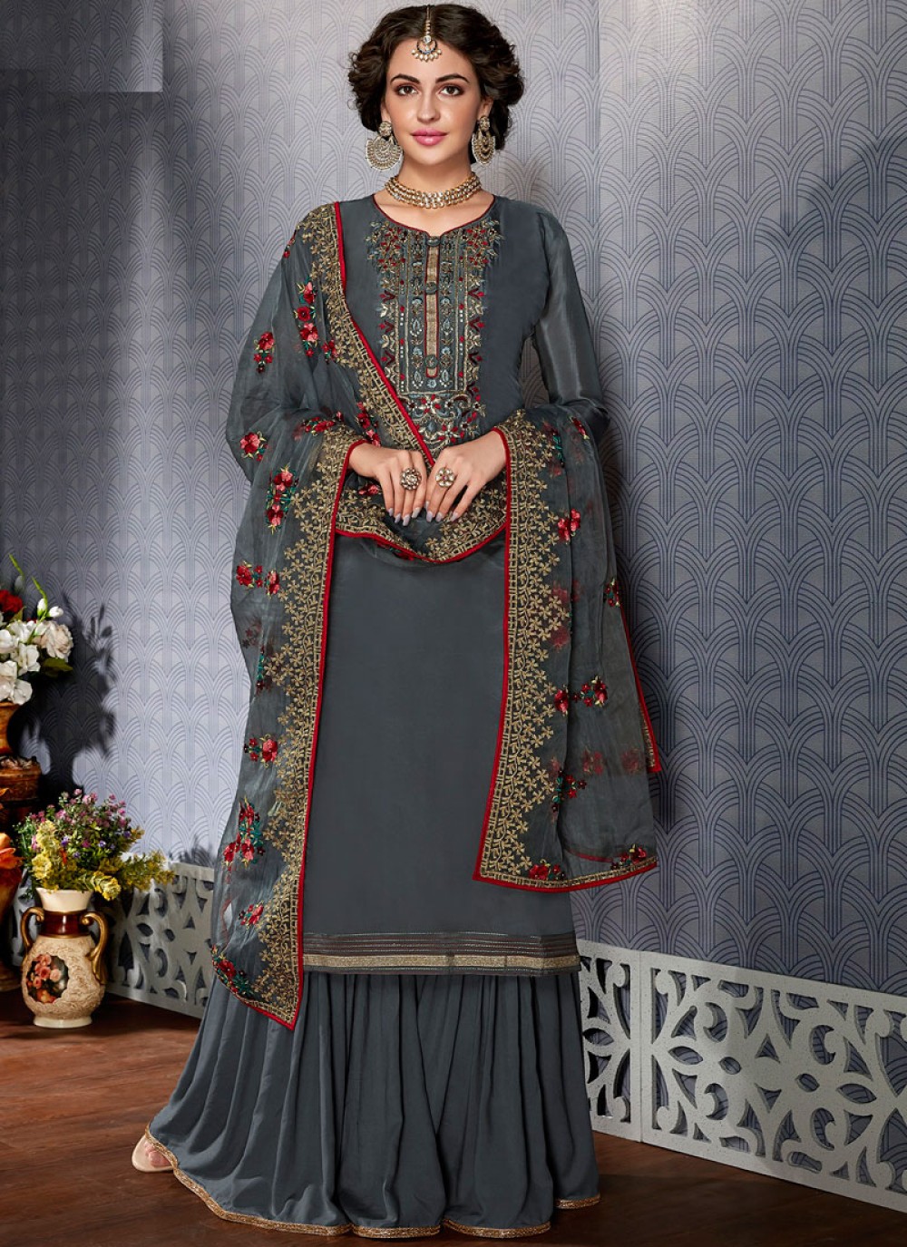 Faux Georgette Grey Designer Pakistani Suit
