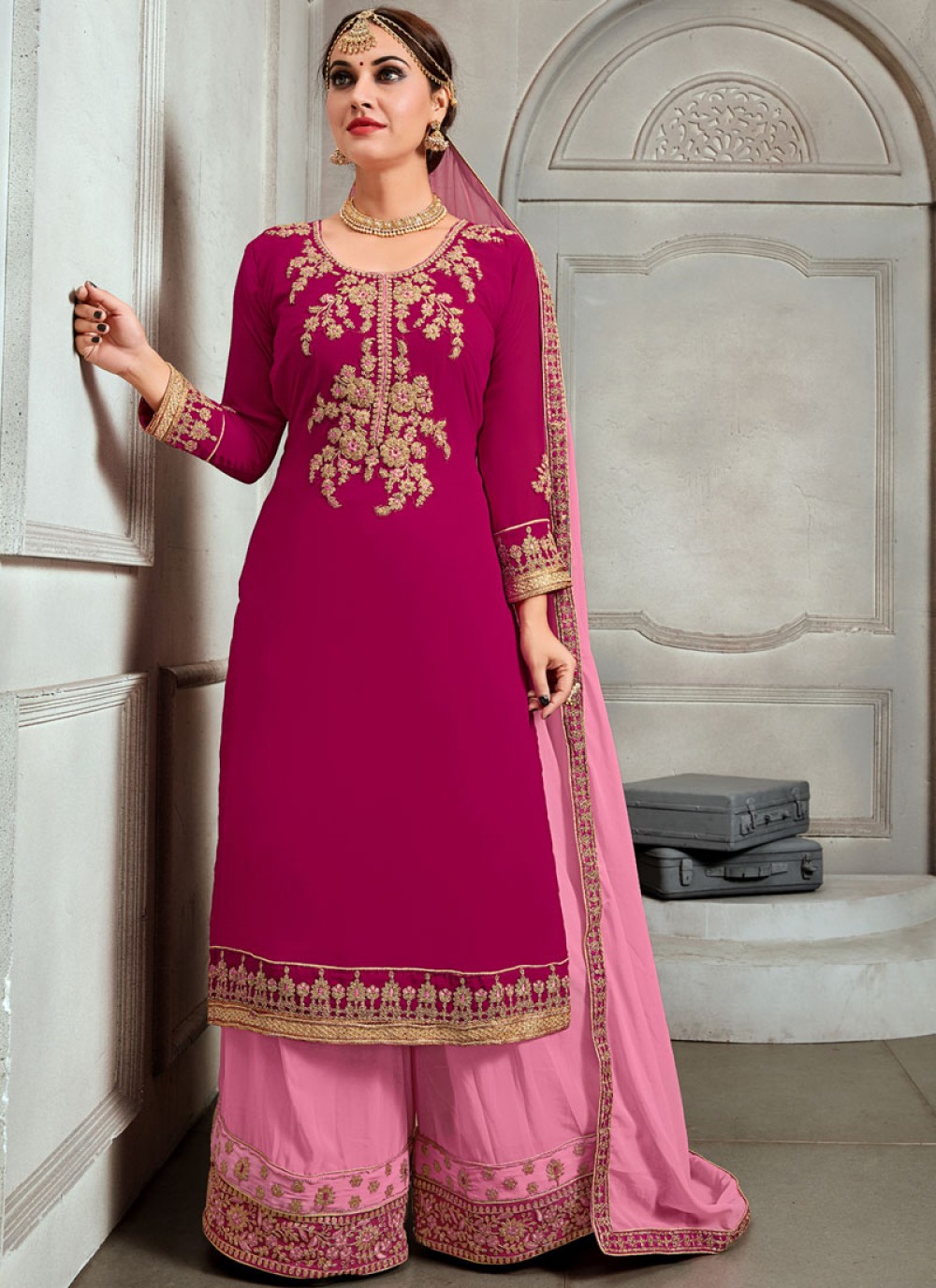 Faux Georgette Hot Pink Embroidered Trendy Palazzo Salwar Suit