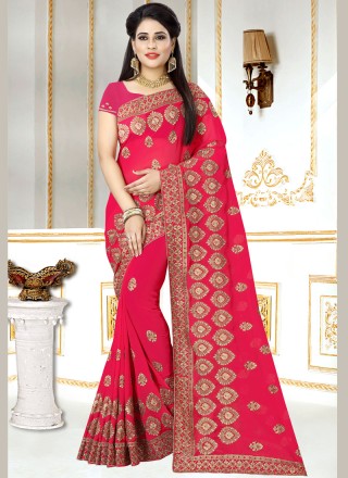 Faux Georgette Hot Pink Saree