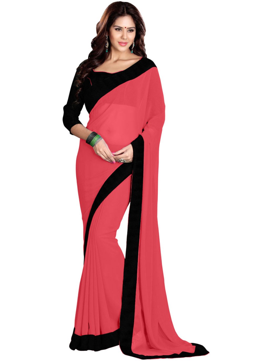 Faux Georgette Lace Saree in Pink