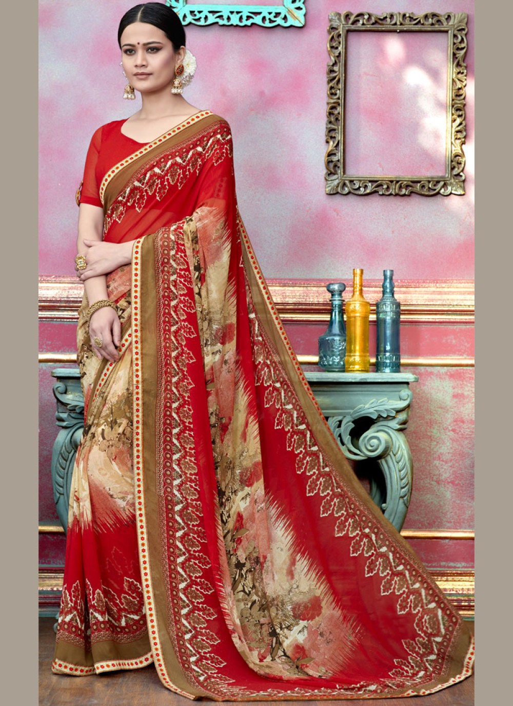 Faux Georgette Multi Colour Abstract Print Saree