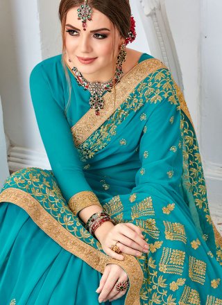 Faux Georgette Patch Border Turquoise Classic Saree