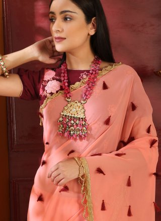 Faux Georgette Pink Embroidered Classic Designer Saree
