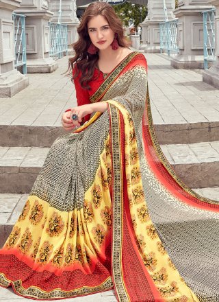 Faux Georgette Printed Casual Saree in Cream and Red