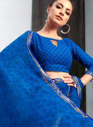 Faux Georgette Printed Navy Blue Casual Saree