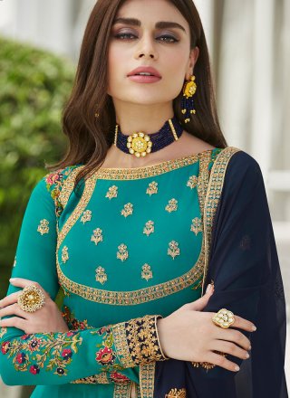 Faux Georgette Turquoise Zari Anarkali Salwar Suit
