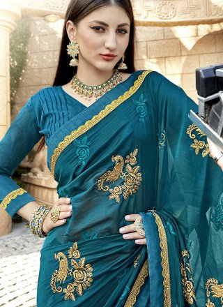 Firozi Georgette Embroidered Trendy Saree