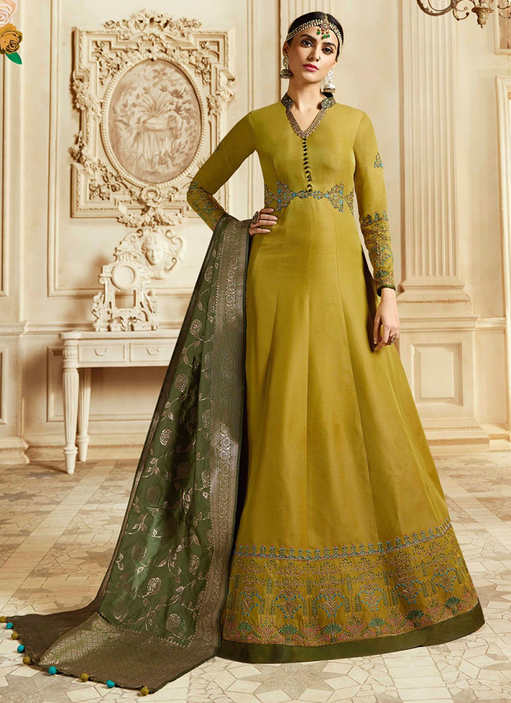 Floor Length Anarkali Suit Embroidered Faux Georgette in Mustard