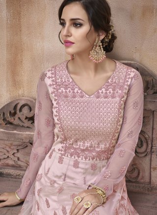 Floor Length Anarkali Suit Embroidered Net in Pink