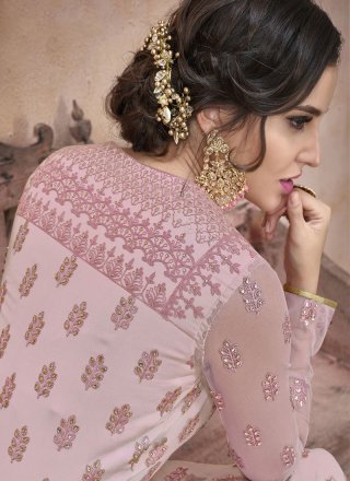Floor Length Anarkali Suit Embroidered Net in Pink