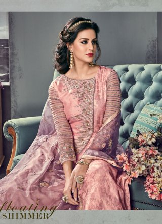 Floor Length Anarkali Suit Resham Art Silk in Pink