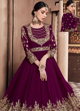 Floor Length Anarkali Suit Resham Faux Georgette in Purple