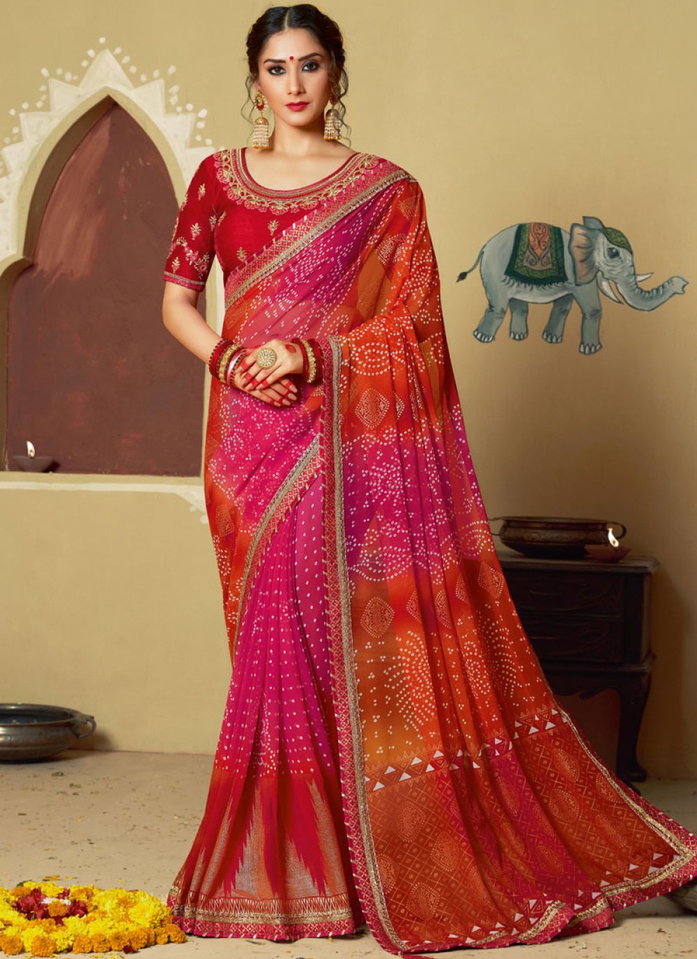 Buy Online Foil Print Georgette Multi Colour Printed Saree 128374