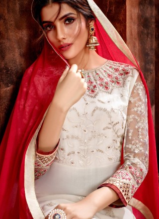 Georgette Embroidered Off White Designer Straight Suit